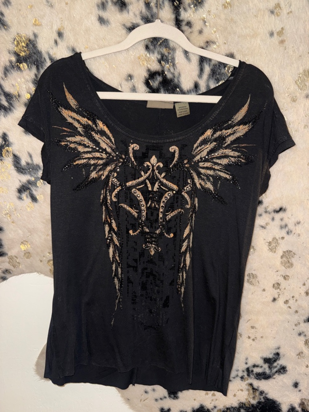 Miss Me Black Short Sleeve Tee with Metallic Gold Wing Motif